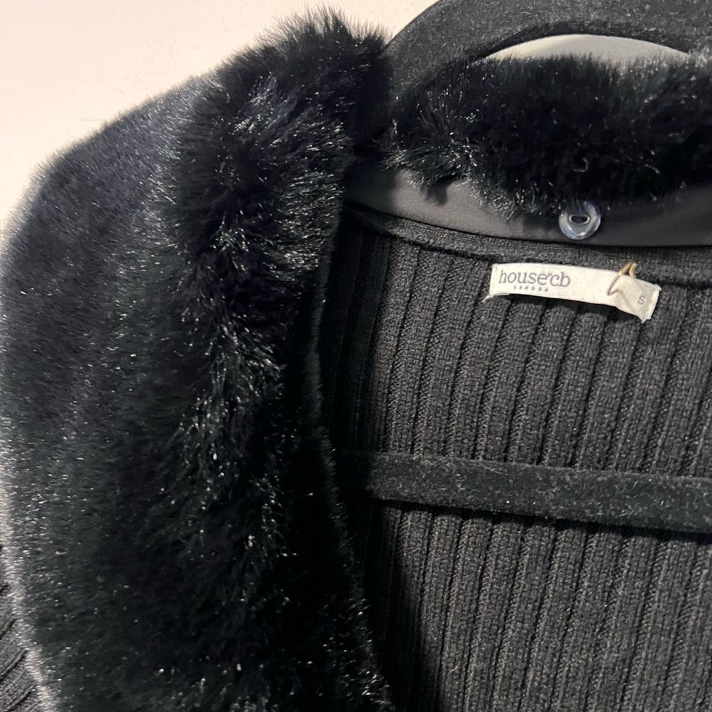House of CB Black Faux Fur Trim Ribbed Bodycon Long Sleeve Dress Small DS3 - Picture 8 of 13